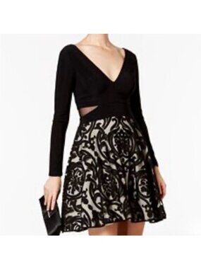 Xscape Long Sleeve Fit and Flare Brocade Cocktail Dress